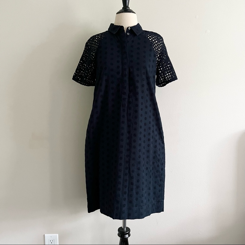 J Crew Navy Blue Eyelet Lace Shift Shirt Dress Size 4 NWT